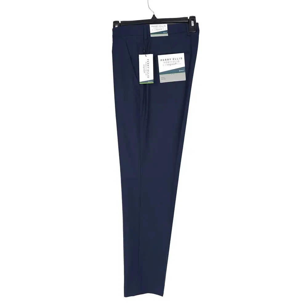 Perry Ellis Mens Slim Fit Dress Pants 38x32 Dark Blue Solid Stretch Micro Twill
